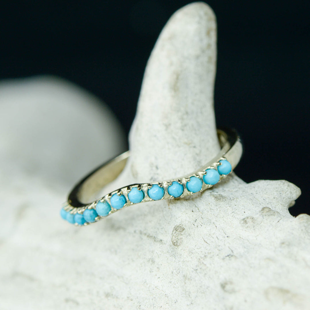 White Gold, 3 Diamonds, Turquoise, Stacking Band