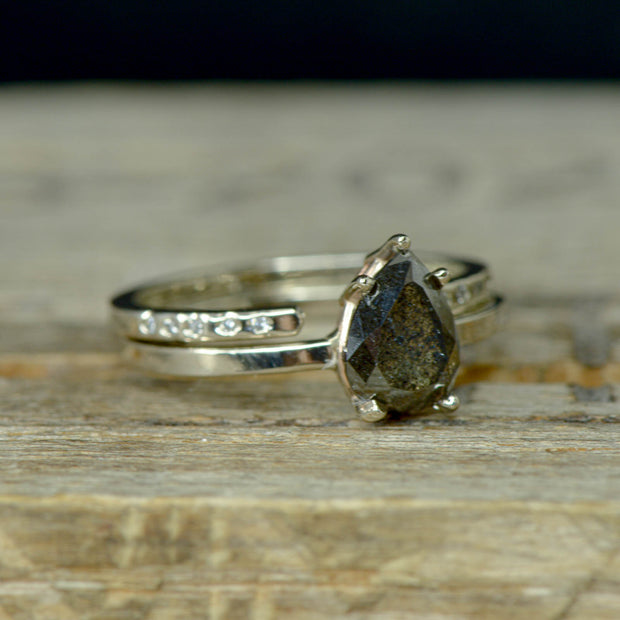 Pear Salt & Pepper Diamond Solitaire Ring with Diamond Stacker