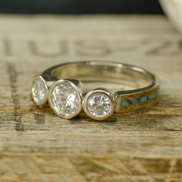 Gold Bezel Set 3 Moissanite Ring with Whiskey Barrel Wood & Turquoise with Stacking Band