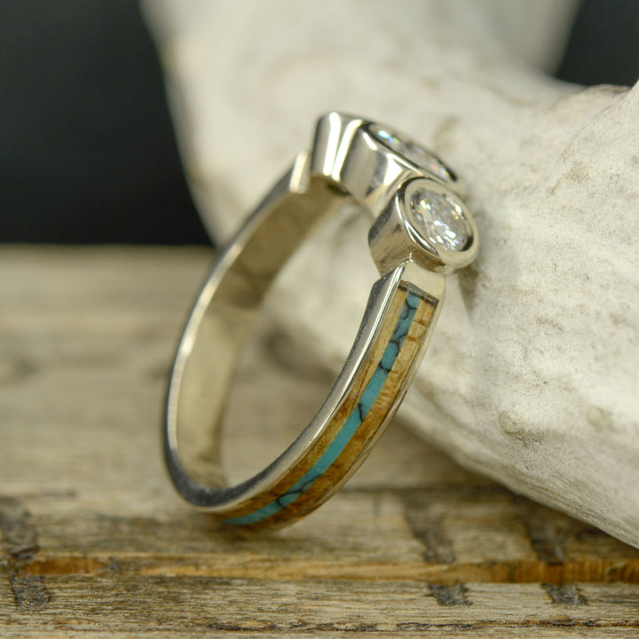 White Gold Bezel Set 3 Diamond Ring with Whiskey Barrel Wood & Turquoise with Stacking Band