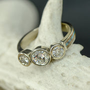Gold Bezel Set 3 Moissanite Ring with Whiskey Barrel Wood & Turquoise with Stacking Band