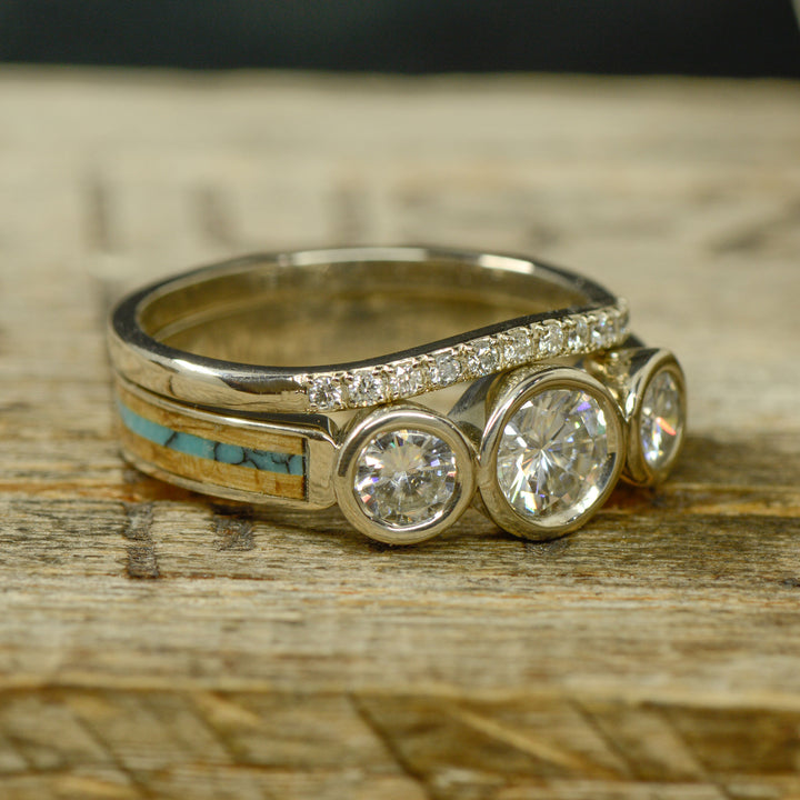 White Gold Bezel Set 3 Diamond Ring with Whiskey Barrel Wood & Turquoise with Stacking Band