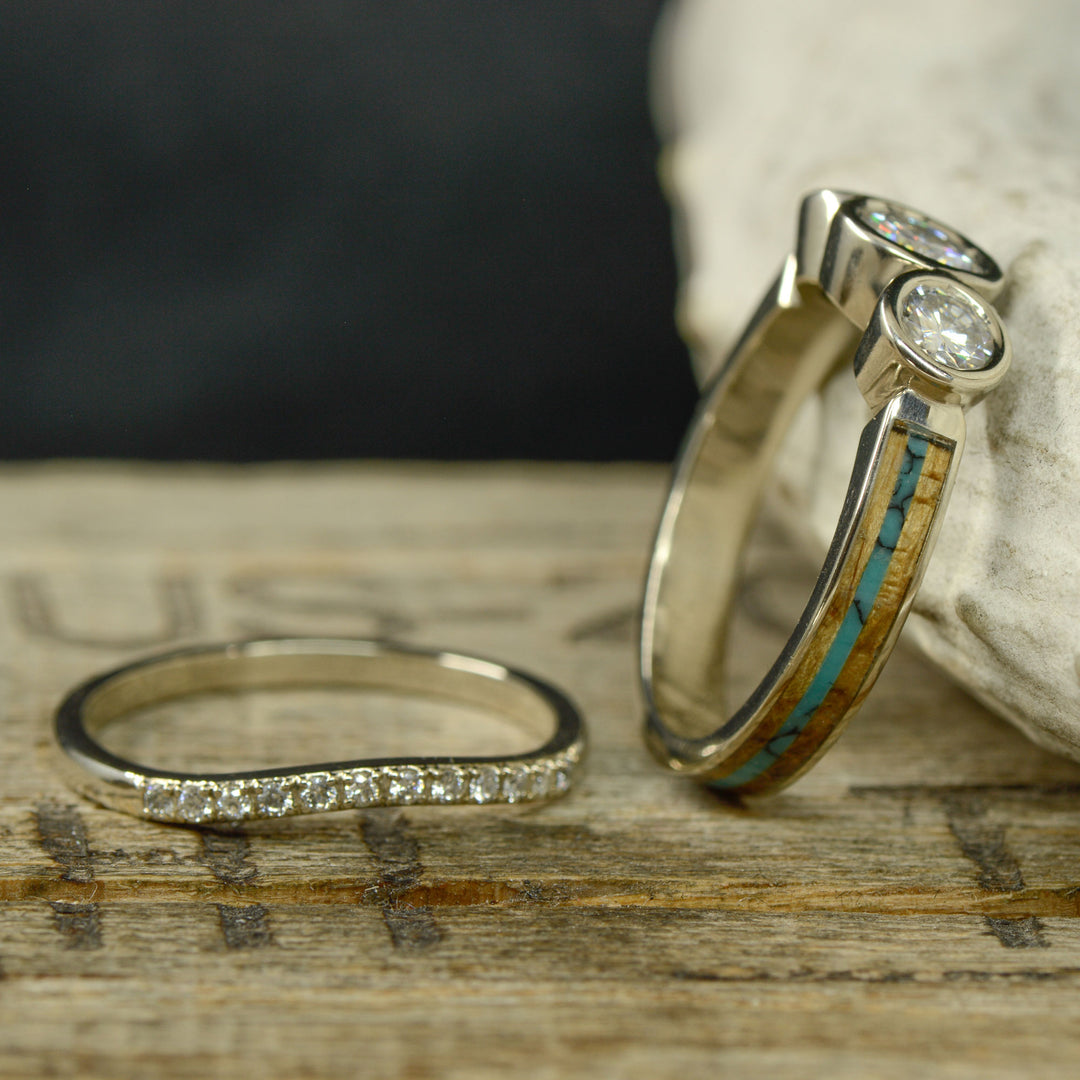 White Gold Bezel Set 3 Diamond Ring with Whiskey Barrel Wood & Turquoise with Stacking Band