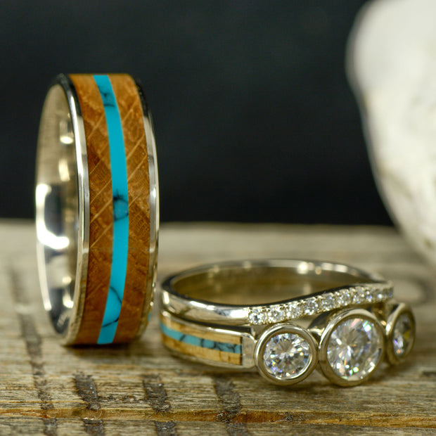 Turquoise, Whiskey Barrel Wood, & Bezel Set Moissanite Engagement Ring