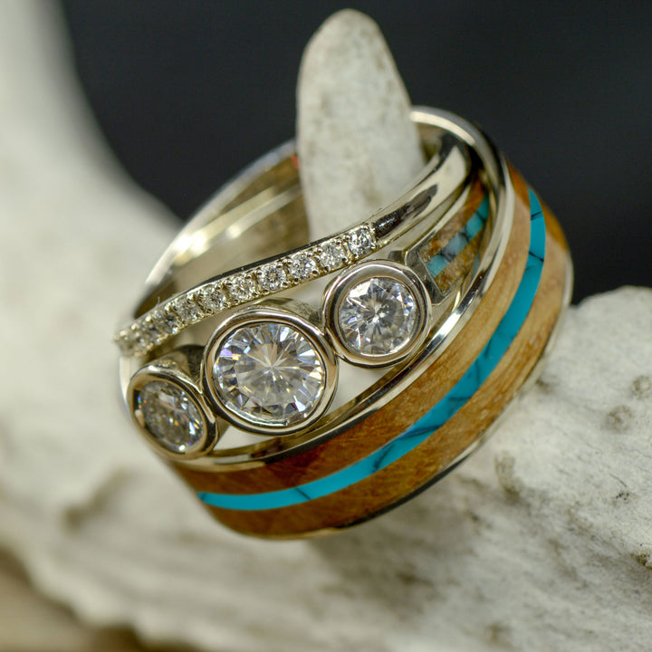 Turquoise, Whiskey Barrel Wood, & Bezel Set Diamond Engagement Ring