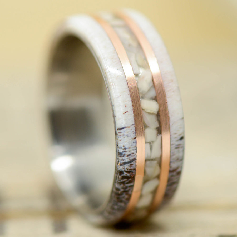 Antler, Crushed Elk Ivory, Rose Gold Pinstripes ring