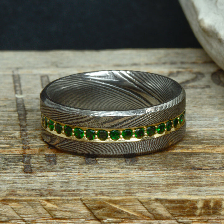 Polished Damascus Steel & Emerald Band