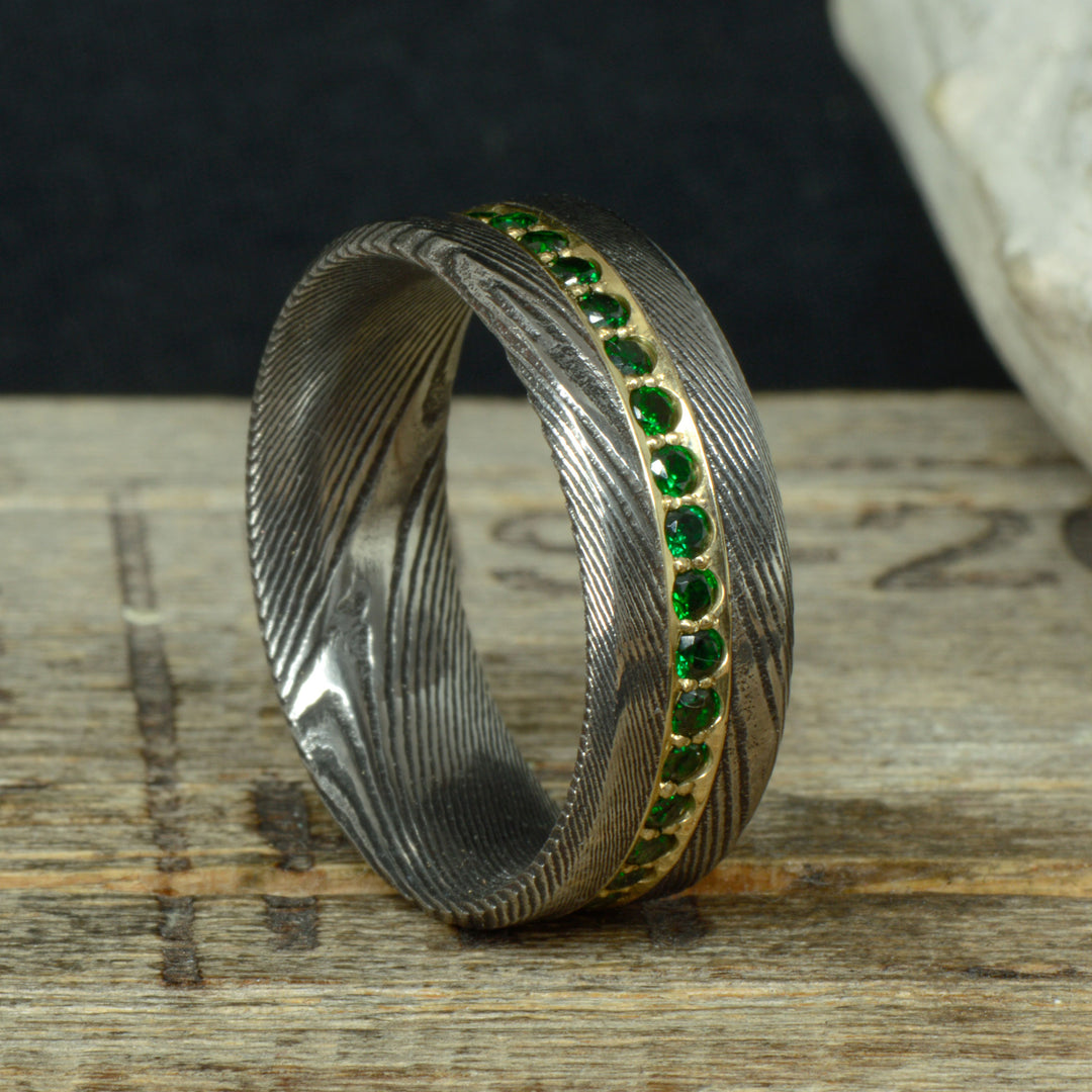 Polished Damascus Steel & Emerald Band