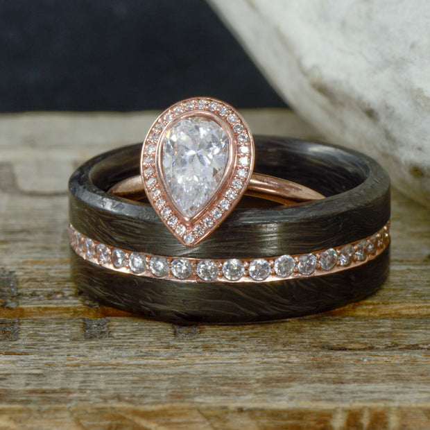 Rose Gold Diamond Pear Halo Ring & Forged Carbon Fiber Diamond Band