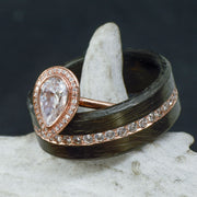 Rose Gold Diamond Pear Halo Ring & Forged Carbon Fiber Diamond Band