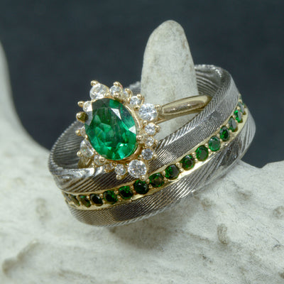 Emerald Halo with Diamonds & Yellow Gold, Polished Damascus Steel