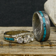 Polished Damascus Steel, Turquoise, & Diamond Solitaire Ring