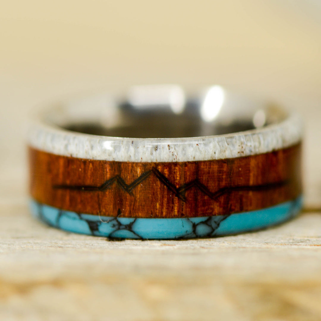 Rosewood, Turquoise, Antler, "Engraved Mountains"