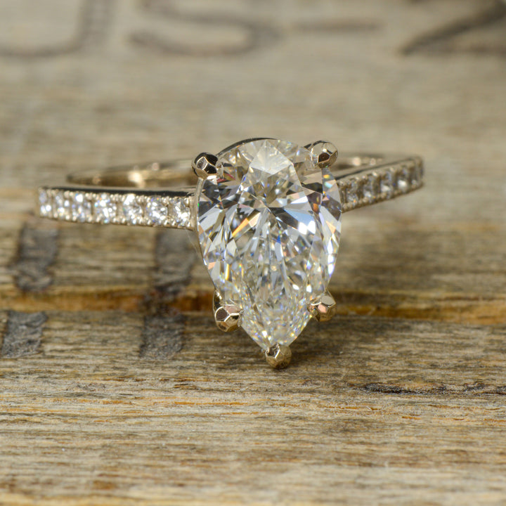 White Gold, Large Pear Diamond, Cathedral Solitaire Ring