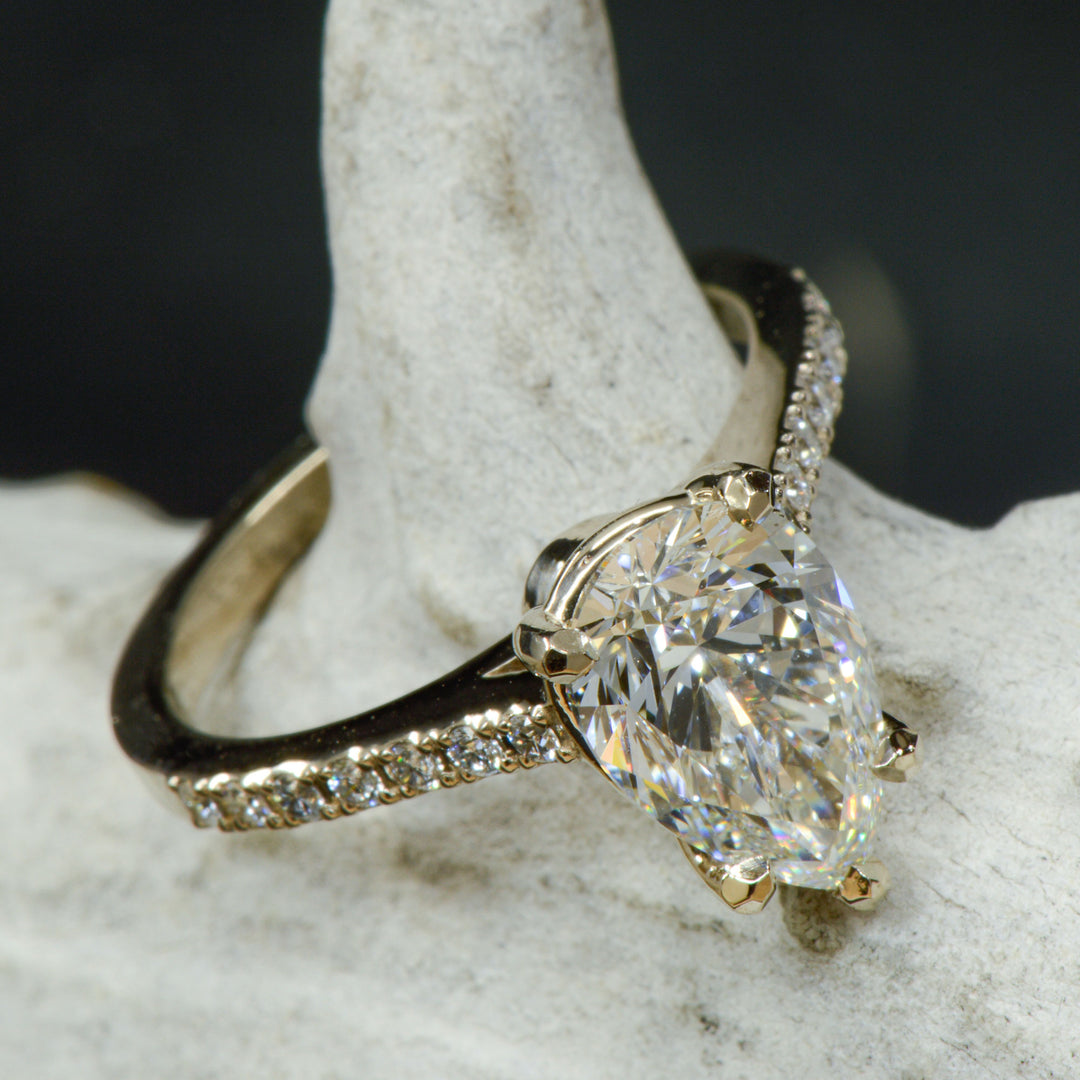 White Gold, Large Pear Diamond, Cathedral Solitaire Ring