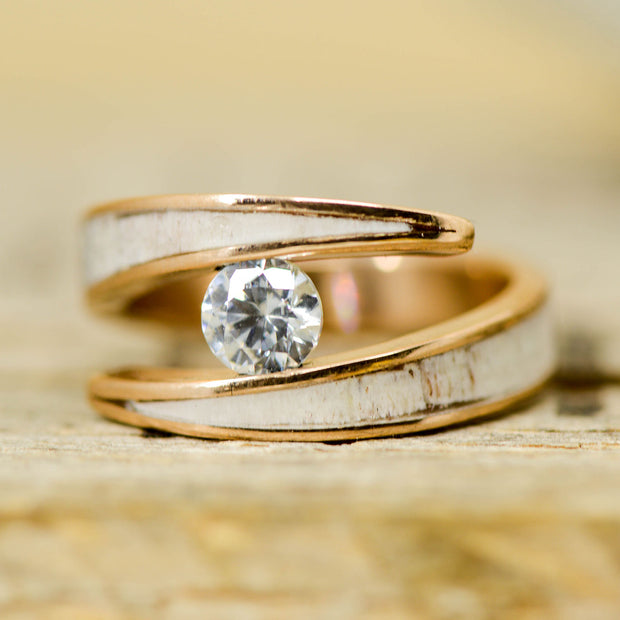 Gold, Antler & Diamond in a Tension Setting – Stone Forge Studios