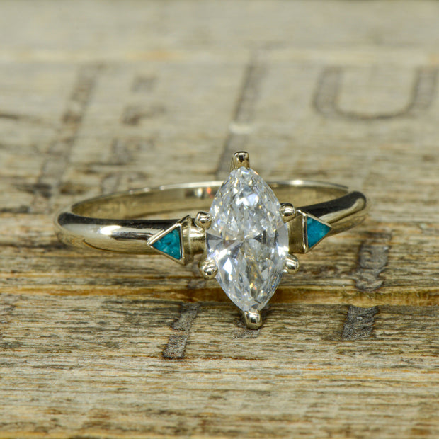 Marquise Diamond Ring .75ct, Turquoise Inlays