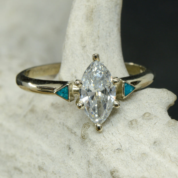 Marquise Diamond Ring .75ct, Turquoise Inlays