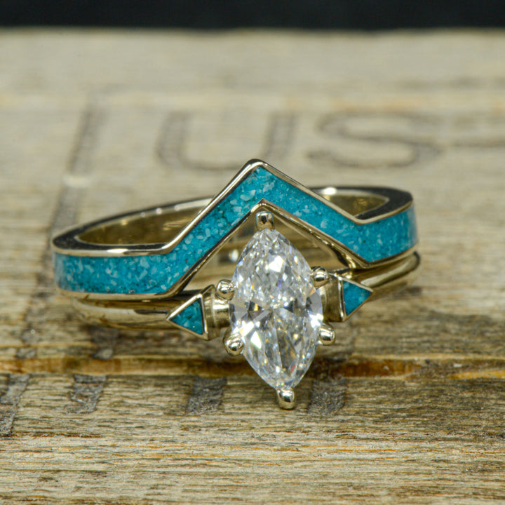 Marquise Diamond Ring .75ct and Turquoise with Turquoise V-Ring Stacking Band