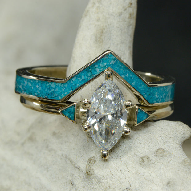 .75ct Marquise Diamond and Turquoise with Turquoise V-Ring Stacking Band