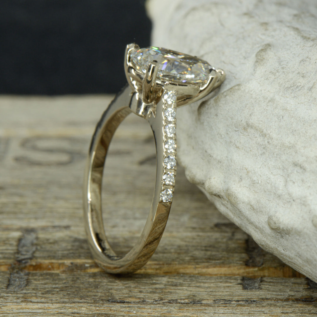 White Gold, Large Pear Diamond, Cathedral Solitaire Ring