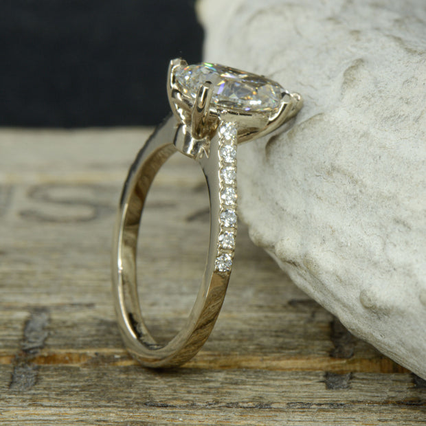 Gold, Large Pear Moissanite, Cathedral Solitaire Ring