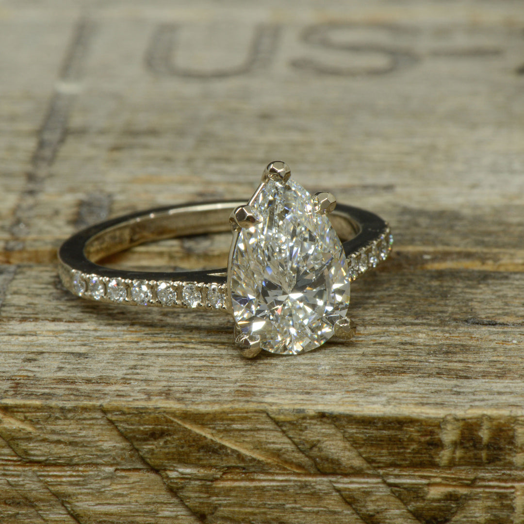 White Gold, Large Pear Diamond, Cathedral Solitaire Ring