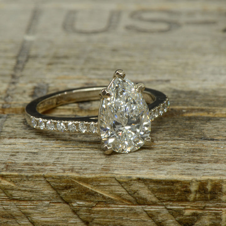 White Gold, Large Pear Diamond, Cathedral Solitaire Ring