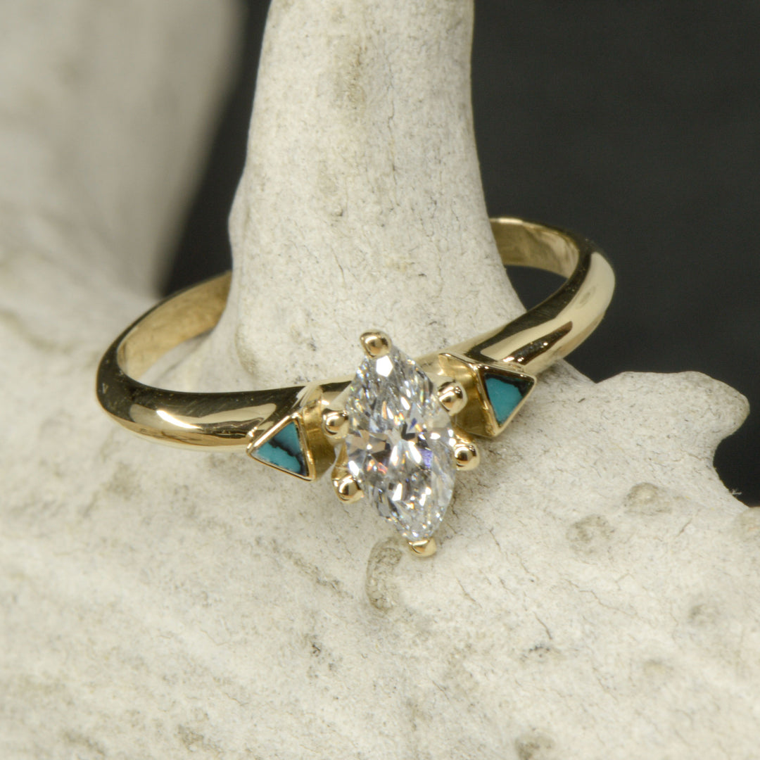 Yellow Gold with Marquise Diamond and Full Turquoise Inlays