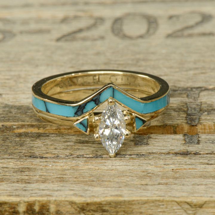 Yellow Gold with Marquise Diamond and Full Turquoise Inlays