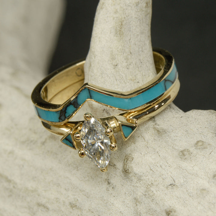 Yellow Gold with Marquise Diamond and Full Turquoise Inlays