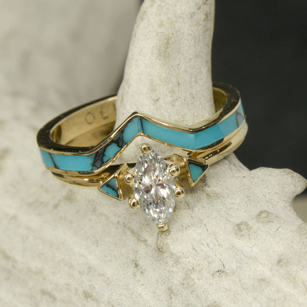 Yellow Gold with Marquise Diamond and Full Turquoise Inlays