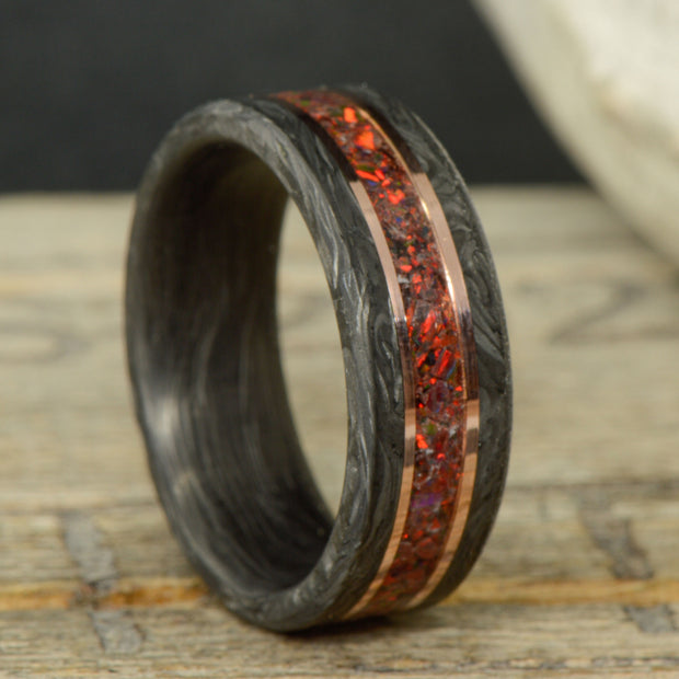 Forged Carbon Fiber, Gold or Silver Inlay, and Magma Opal