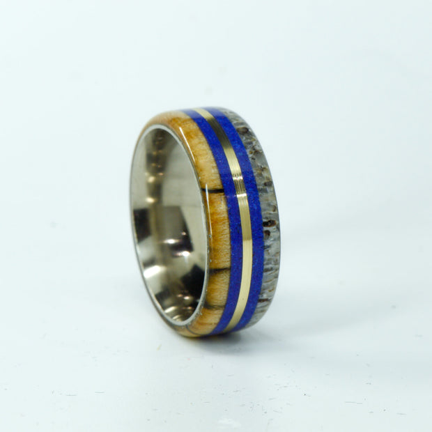 SALE RING -  Titanium, Yellow Gold, Maple, Lapis Lazuli, Antler - Size 8