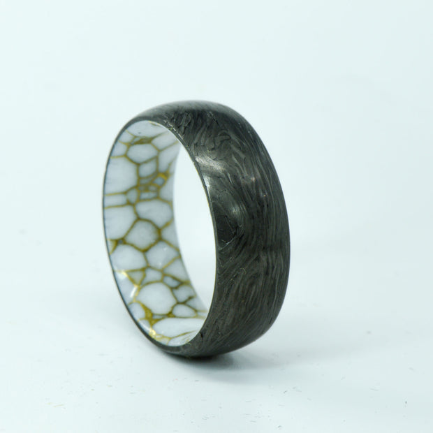 SALE RING -  Forged Carbon Fiber & White Marble with Gold Veins - Size 10
