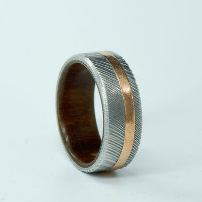 SALE RING -  Polished Damascus Steel, Rose Gold, and Walnut  - Size 8.5