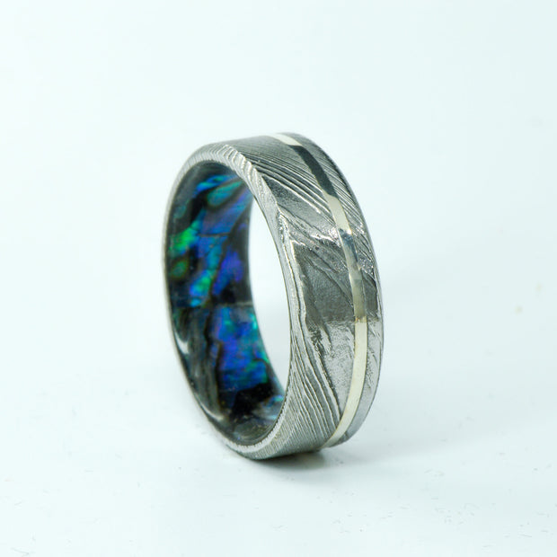 SALE RING -  Polished Damascus Steel, Abalone Shell, & Silver  - Size 11.25