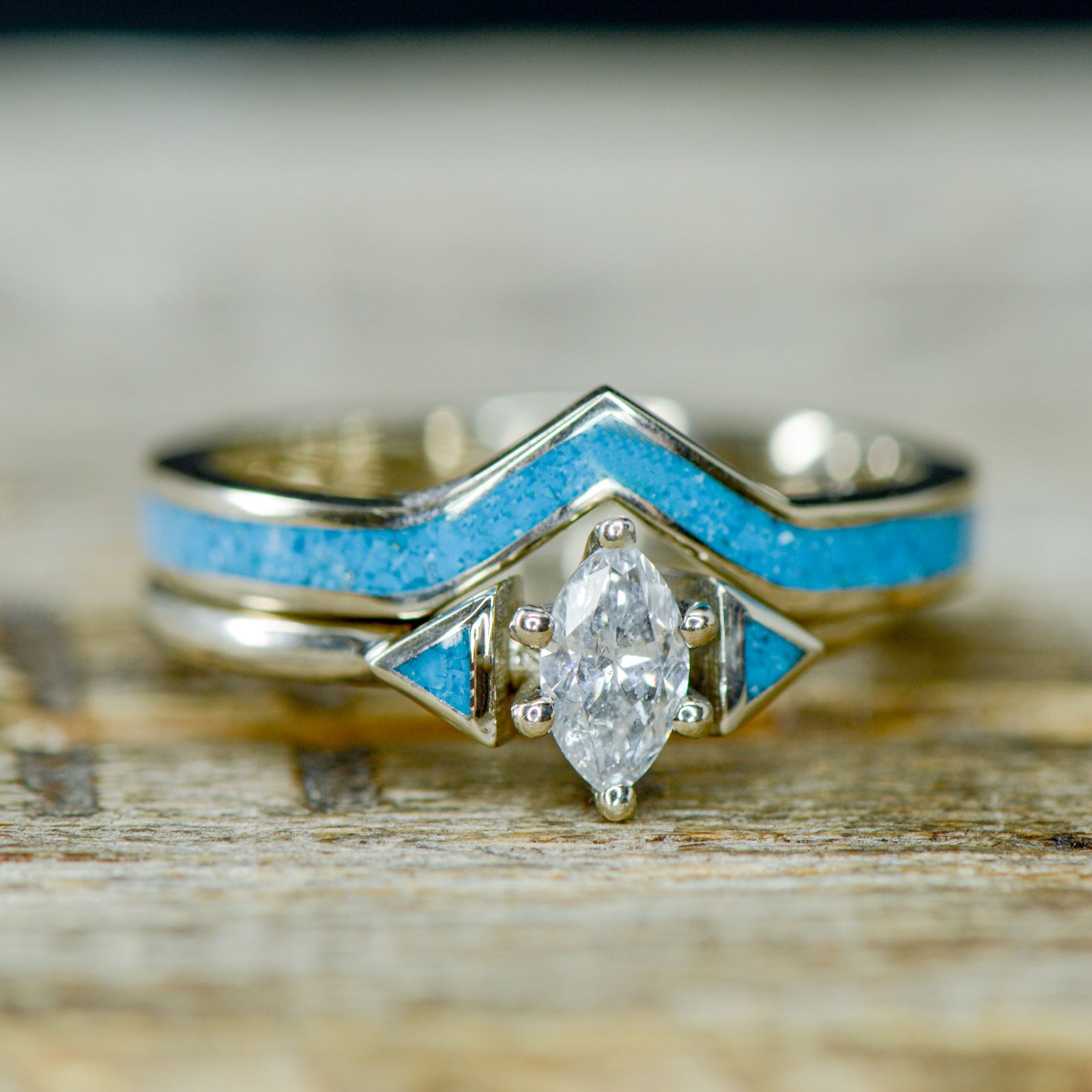 Marquise Diamond and Turquoise with Turquoise V Ring Stacking Band