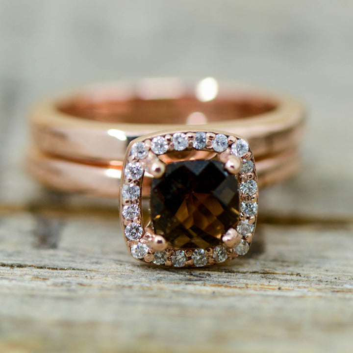 Black Jet, Rose Gold, Smokey Quartz Halo Ring