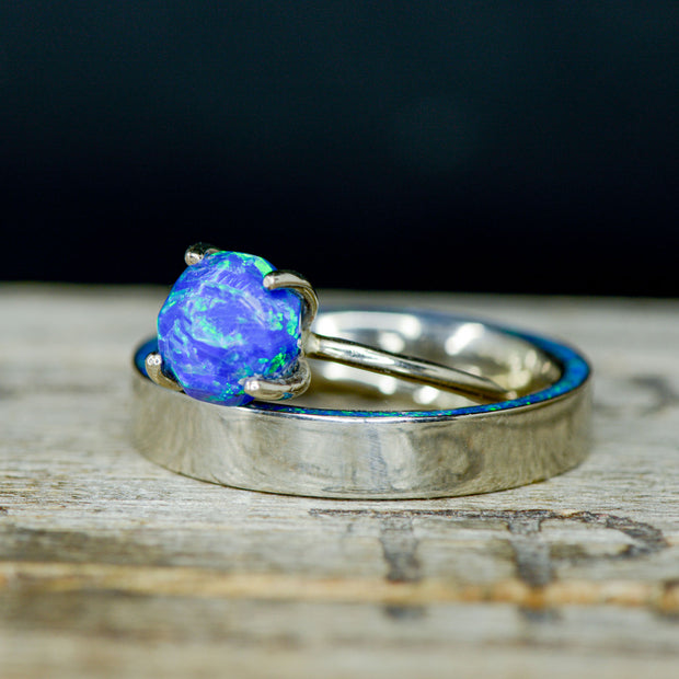 Solitaire Ring with Blue Opal & Side Set Opal