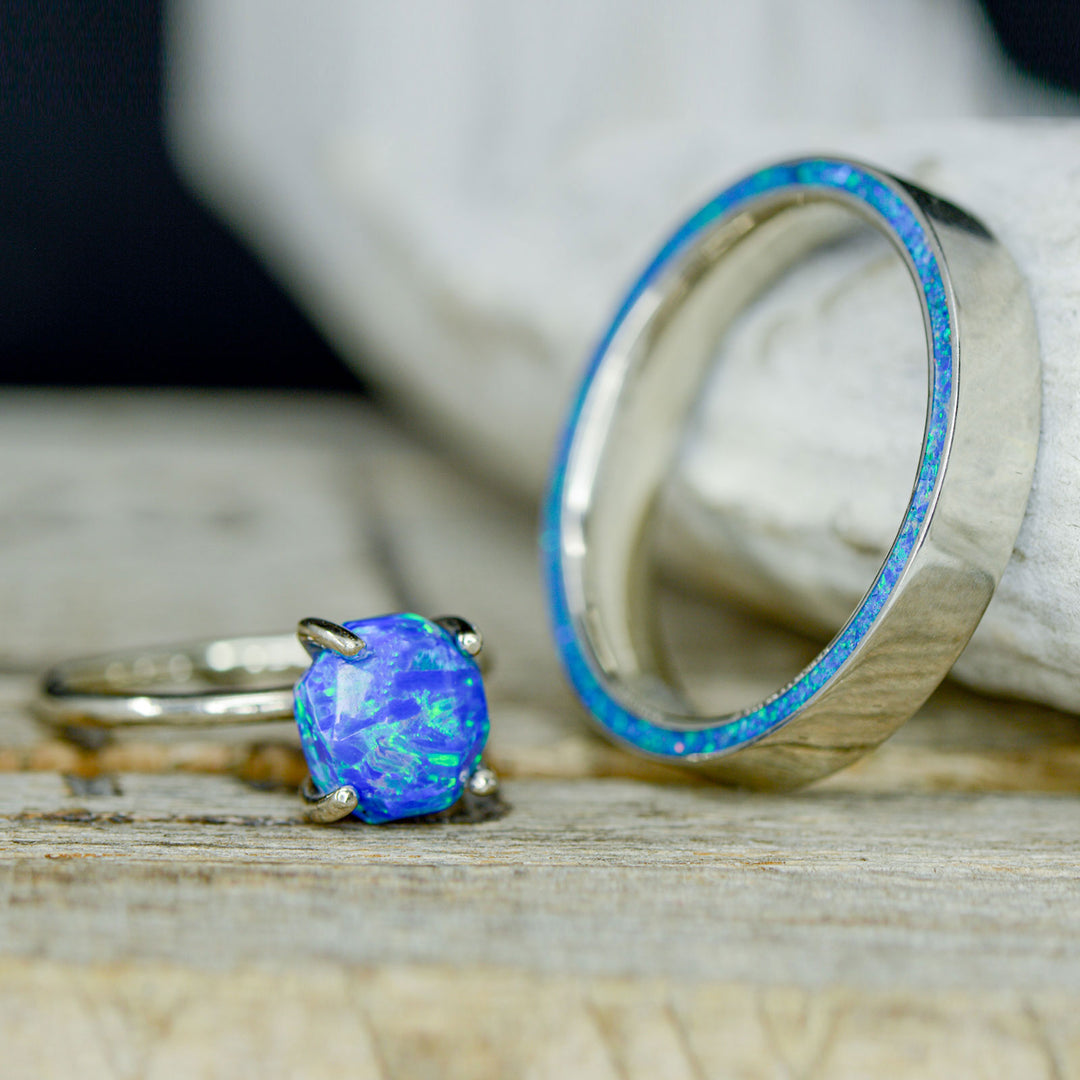 Solitaire Ring with Blue Opal & Side Set Opal