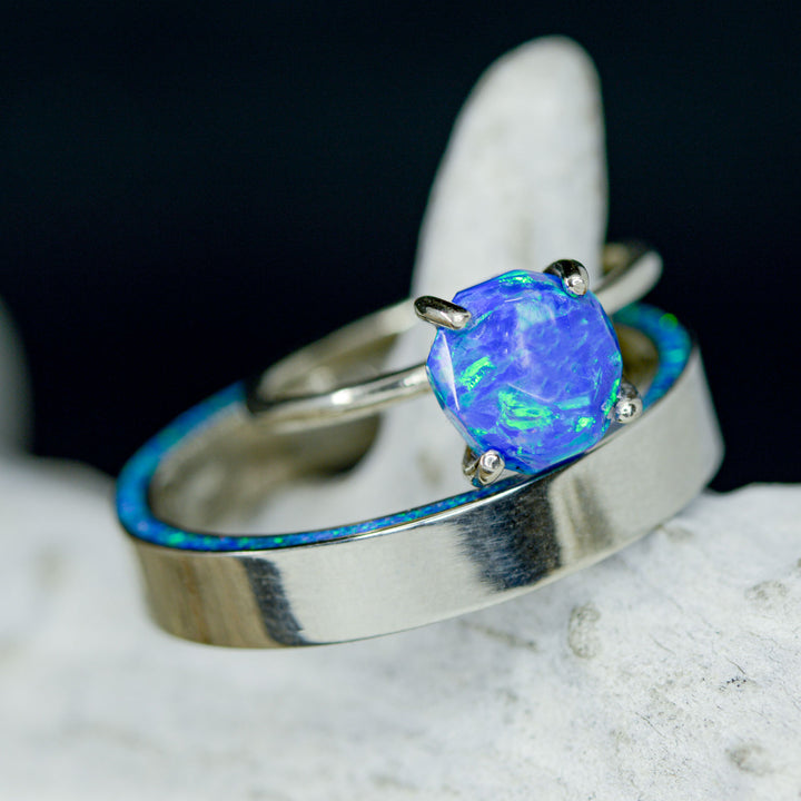 Solitaire Ring with Blue Opal & Side Set Opal