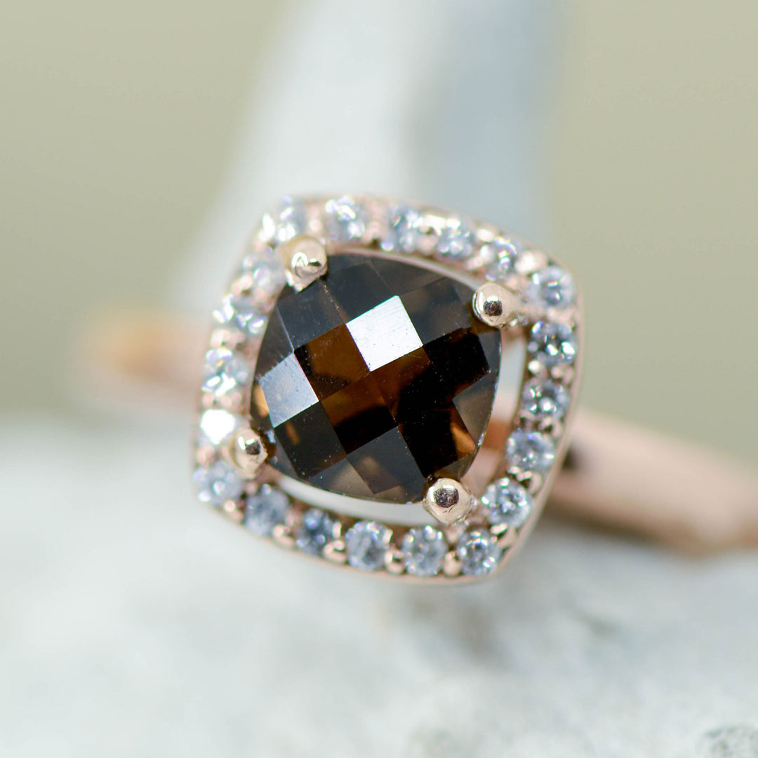 Black Jet, Rose Gold, Smokey Quartz Halo Ring