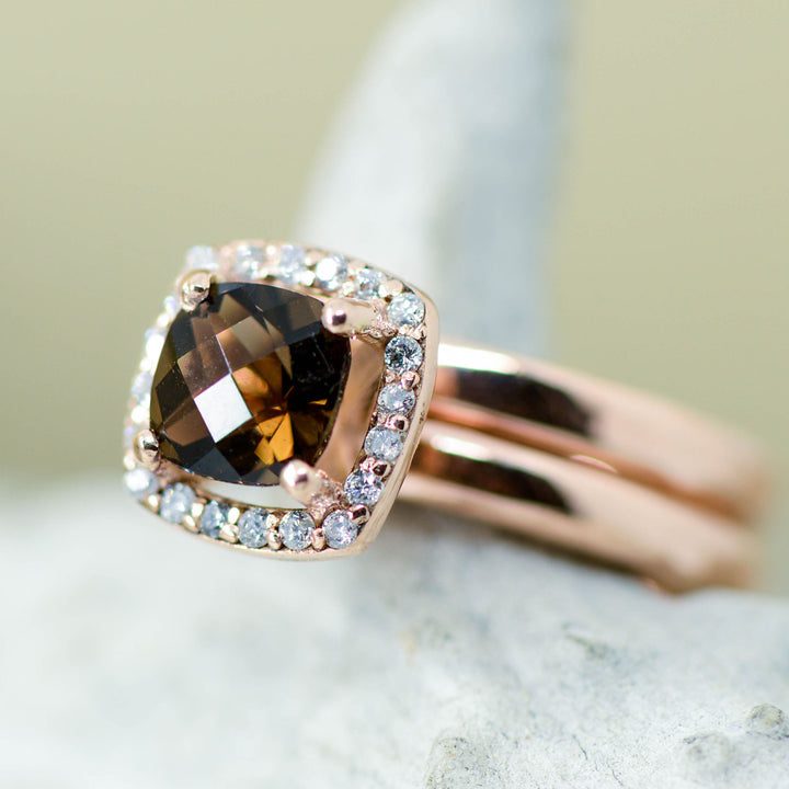 Black Jet, Rose Gold, Smokey Quartz Halo Ring