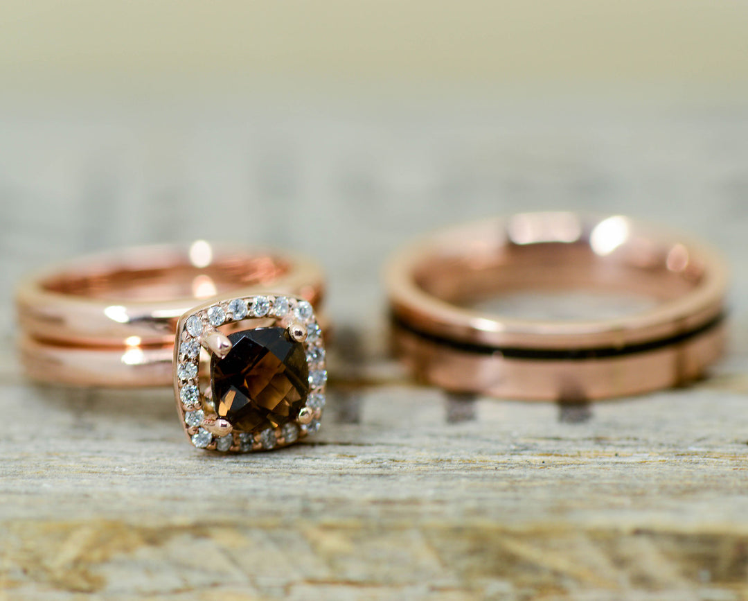 Black Jet, Rose Gold, Smokey Quartz Halo Ring