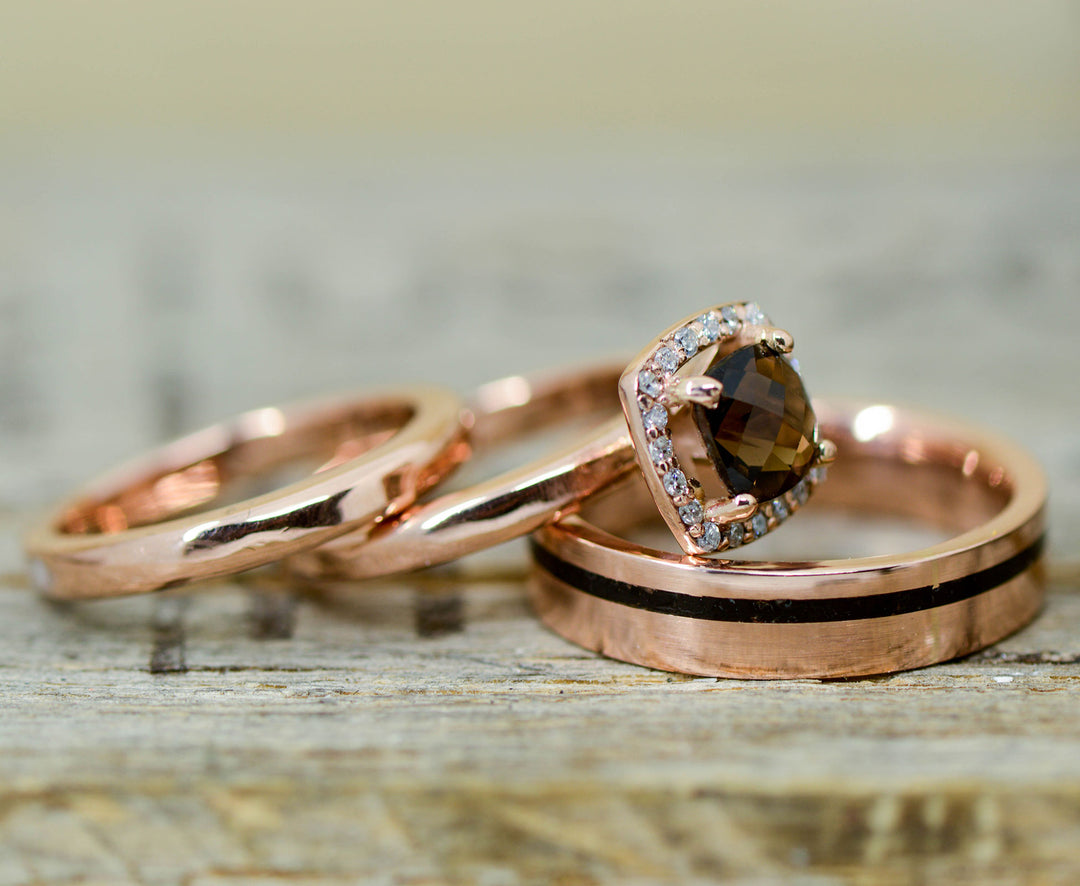 Black Jet, Rose Gold, Smokey Quartz Halo Ring