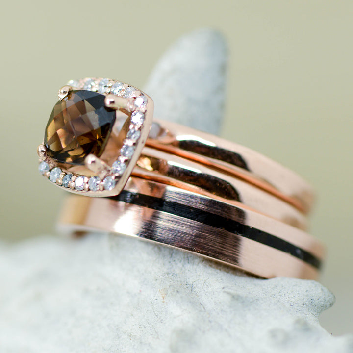 Black Jet, Rose Gold, Smokey Quartz Halo Ring