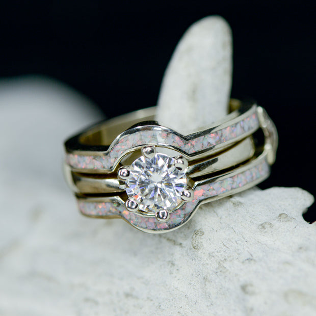 Moissanite Solitaire With White Opal Ring Guard