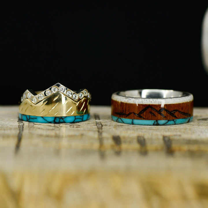 Rosewood, Antler, Turquoise, Diamonds, Gold, "Engraved Mountains"