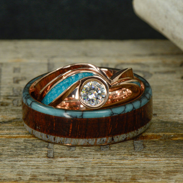 Wavy Diamond Engagement Ring, Rosewood, Turquoise, & Antler